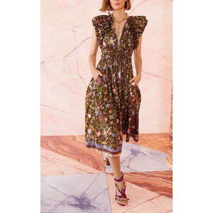 Ulla Johnson Arina Dress Pine Floral Size 4 NWT Green Cotton Midi Ruffle Sleeve